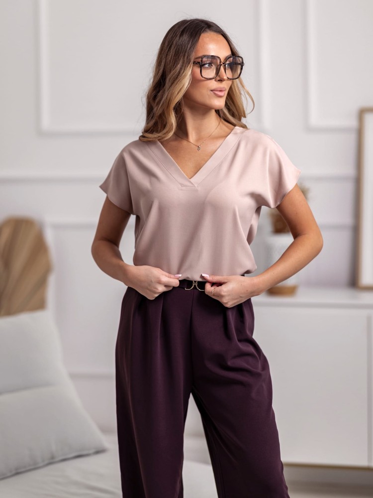 Elegancka bluzka damska CLAIRE w serek - beżowa